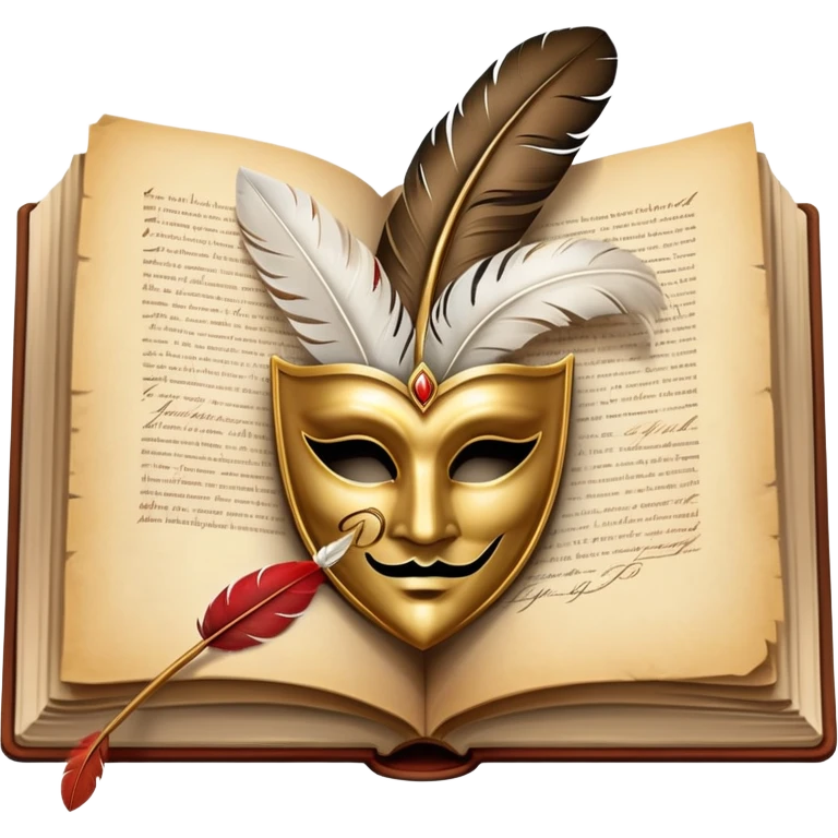An icon featuring an open book with flowing pages, a feather quill, and classic literary symbols like a theater mask and inkwell. The design includes a subtle parchment background with faint text lines, symbolizing the study of literature. Transparent background emphasizes creativity and analysis. emoji