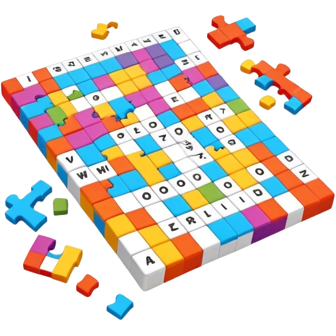 A photorealistic icon with a colorful, fragmented crossword magazine, a 3D puzzle, and a partially completed puzzle on a table. Bright, detailed design with realistic lighting. Transparent background, clearly symbolizing puzzles and brain games. emoji