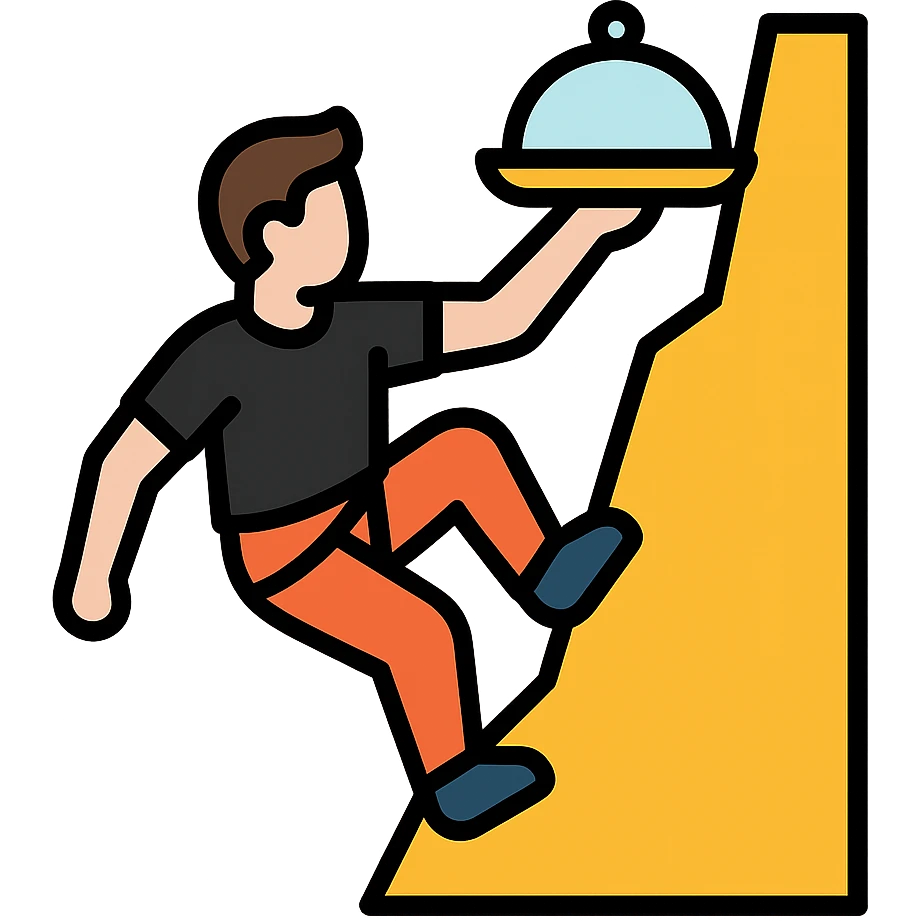 A guy rock climbing on a steep cliff in a black t-shirt with a waiter's tray in his hand emoji