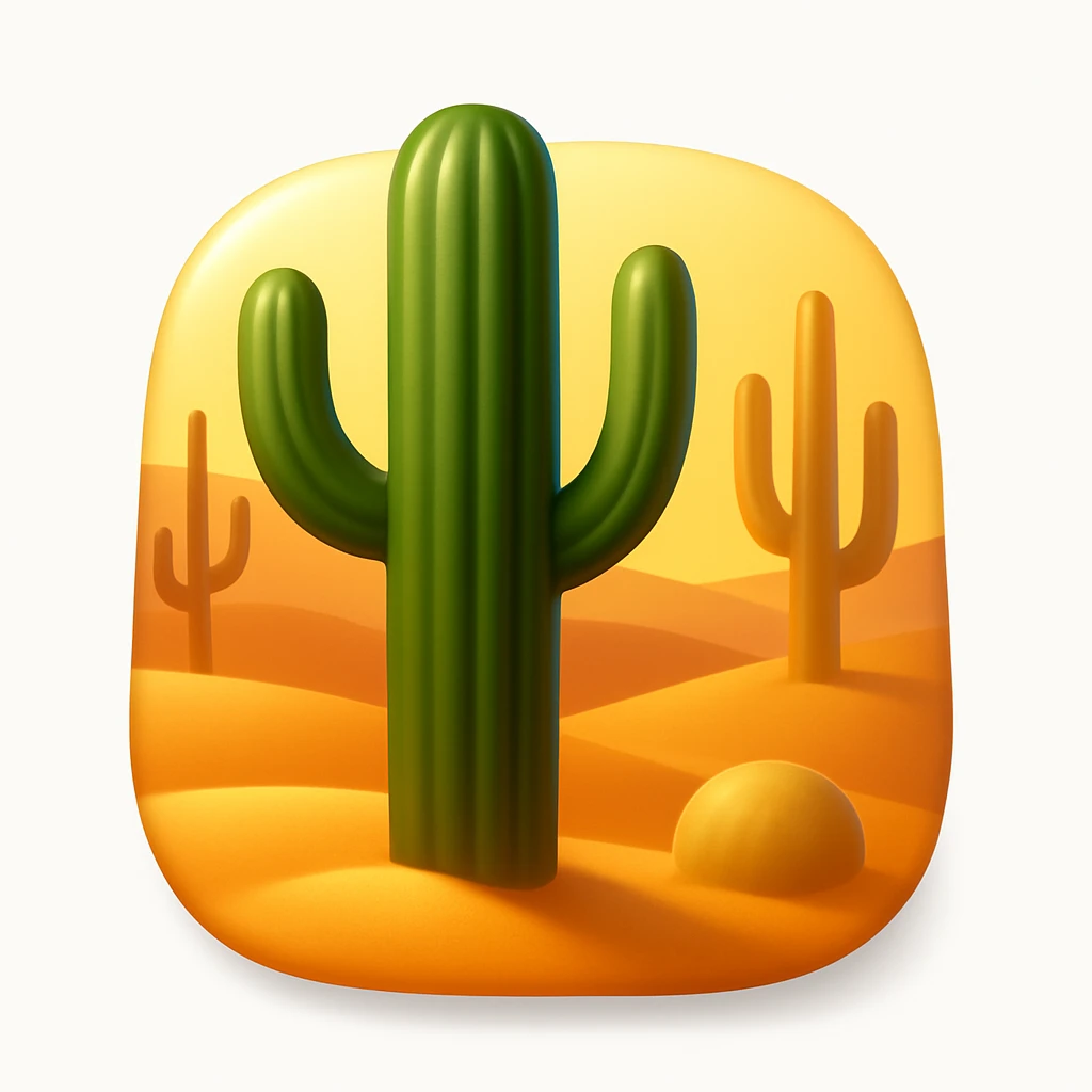 Create a desert emoji inspired by the reference image in iOS emoji style. Keep the same cacti, sand, and colors with a smooth and shiny appearance. The shape should have rounded or freeform edges, not confined to a square. Add a soft shadow to the emoji. emoji
