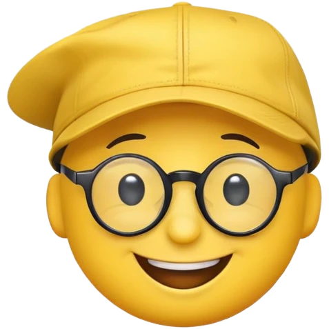 a round smiley face with glasses and a rapper's cap smiling.” emoji
