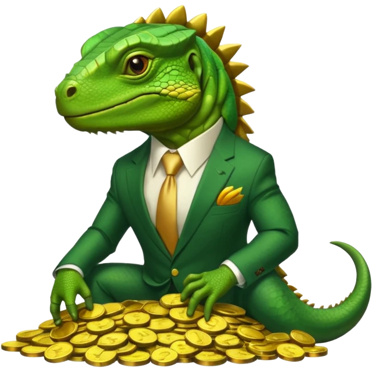 capitalist iguana in suit lying on coins emoji