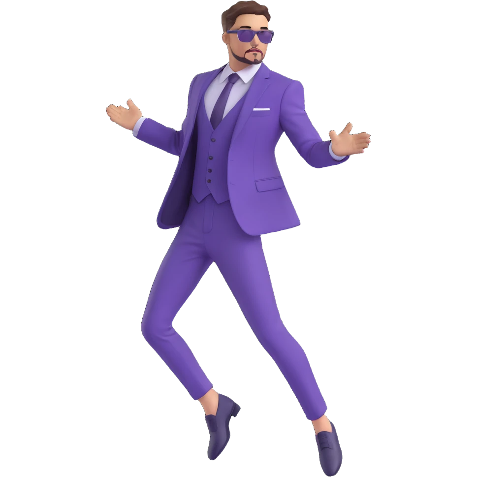 person in a purple suit, dynamic pose, fashionable, clean design emoji