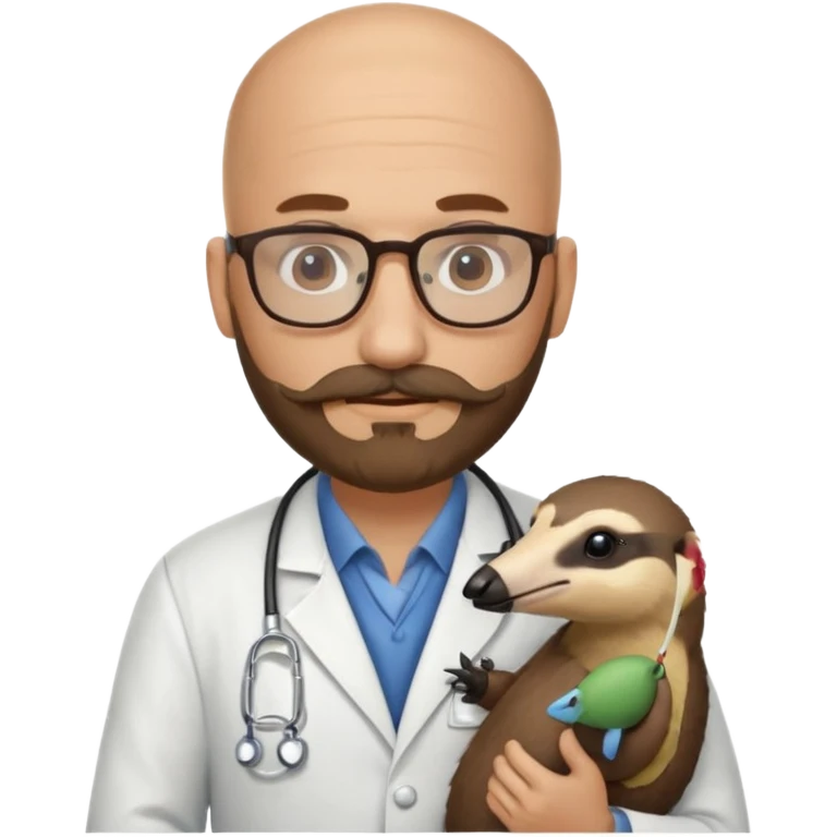 A bald veterinarian with a beard and glasses, mustache holding an the animal is "anteater" oso hormiguero  emoji
