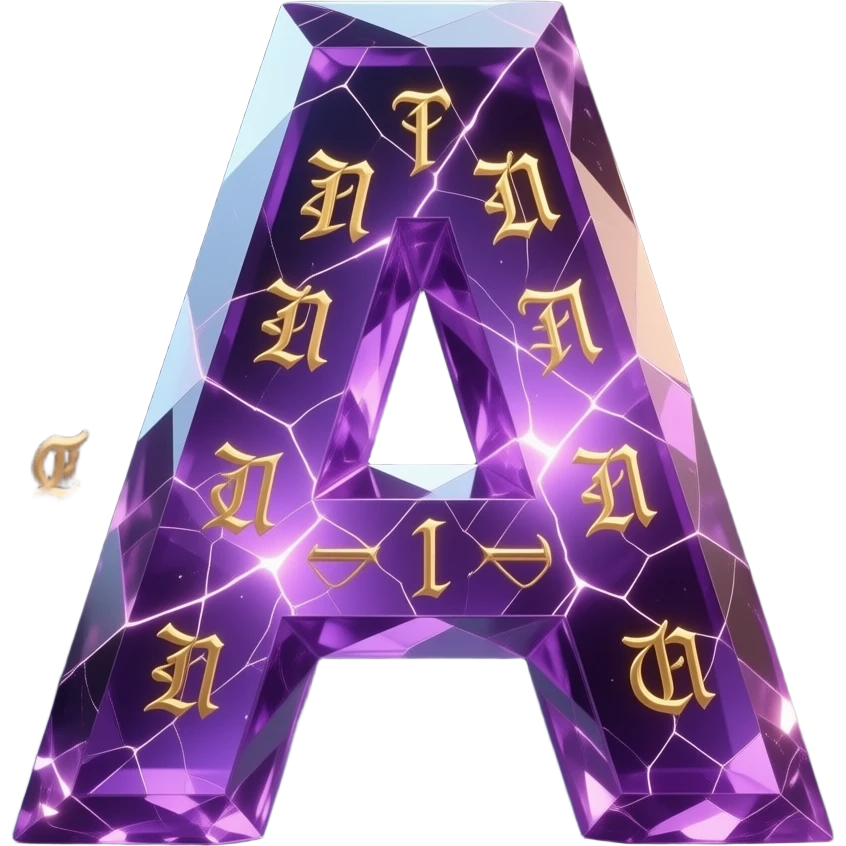 A hyper-realistic 3D letter 'A' carved from translucent purple amethyst, filled with glowing internal fractures and floating gold runes. Volumetric lighting, cinematic glow, dark background, 8k resolution emoji
