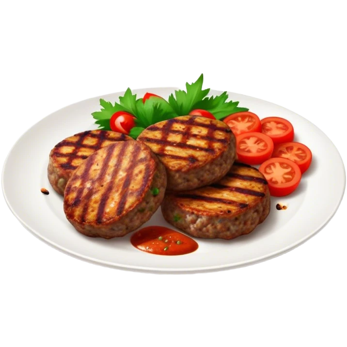 Cinematic Realistic image of Turkish Köfte, presented as perfectly formed, spiced meat patties with detailed textures and subtle grill marks, arranged artfully on a simple plate and illuminated by warm, appetizing lighting that accentuates their savory appeal. emoji