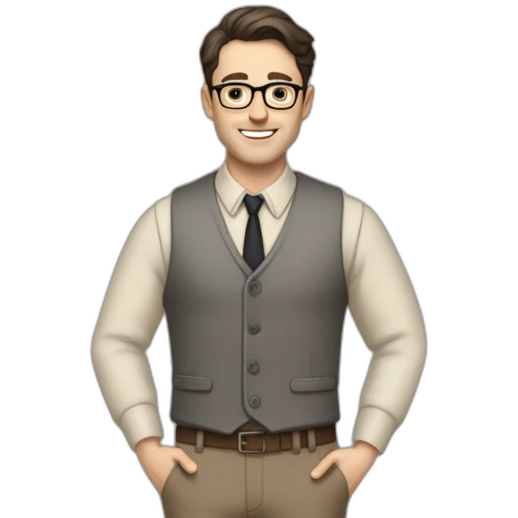 Full height Pale skinned Fit Man With dark brown hair in gray jacket, vest, tie, beige office shirt, Brown pants and vintage glasses. Thrumbs of his palms directed up emoji