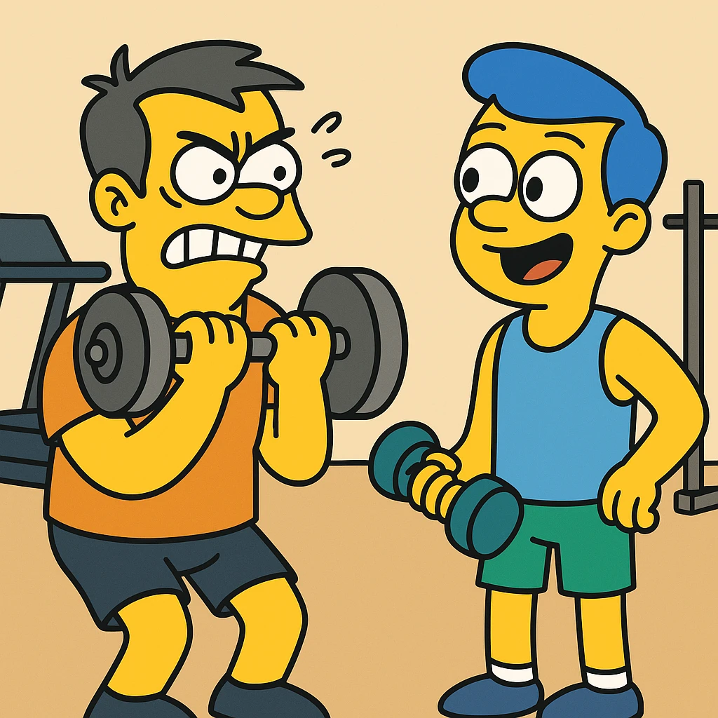 Jake and Tom have been gym buddies (friends who go to the gym together) for months (maybe 3–6 months or more), but their workout styles (the way they exercise or train—like lifting weights) couldn’t be more different (they’re very, very different). 2 guys at gym emoji