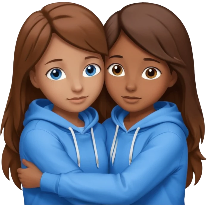 two Girls, Brown and Blonde hair, with Blue Eyes hugging one has Brown hair cute Hug another Version  Both Blue eyes and white hoddies emoji