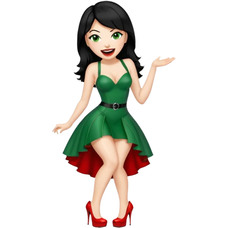 🕵🏻‍♀️💦🧥 black hair , green eyes , red high heels , dominatrix dress , 😂 emoji
