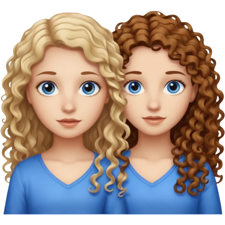 sisters, one has brown eyes, long curly brown hair, the other one has straight blond hair and blue eyes emoji