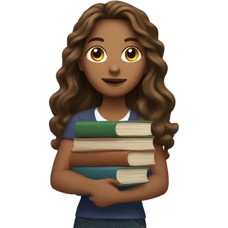 A woman with long wavy brown hair and books emoji