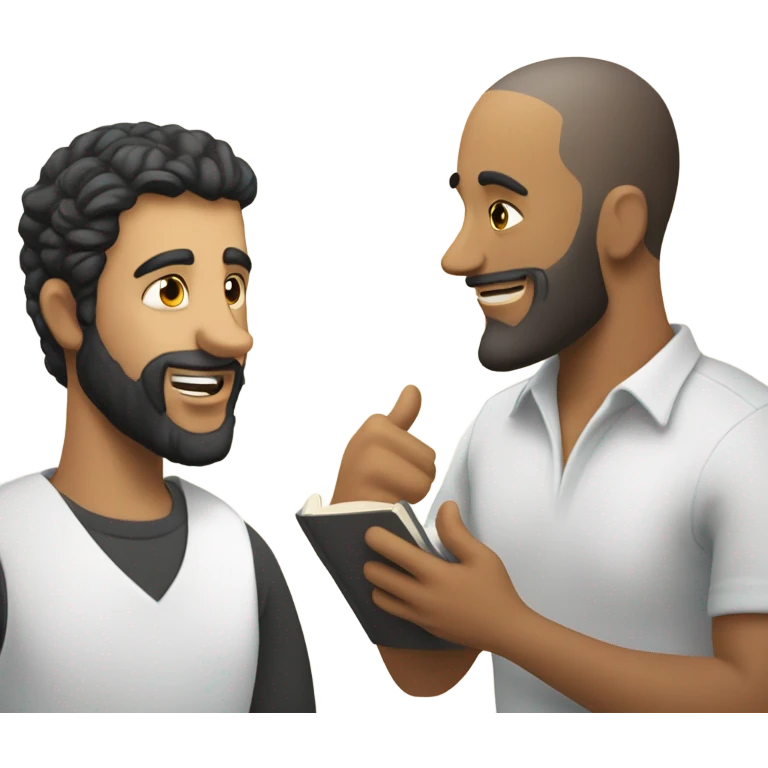 Bald Hispanic man with beard and brunette man with beard in a bible discipleship meeting  emoji