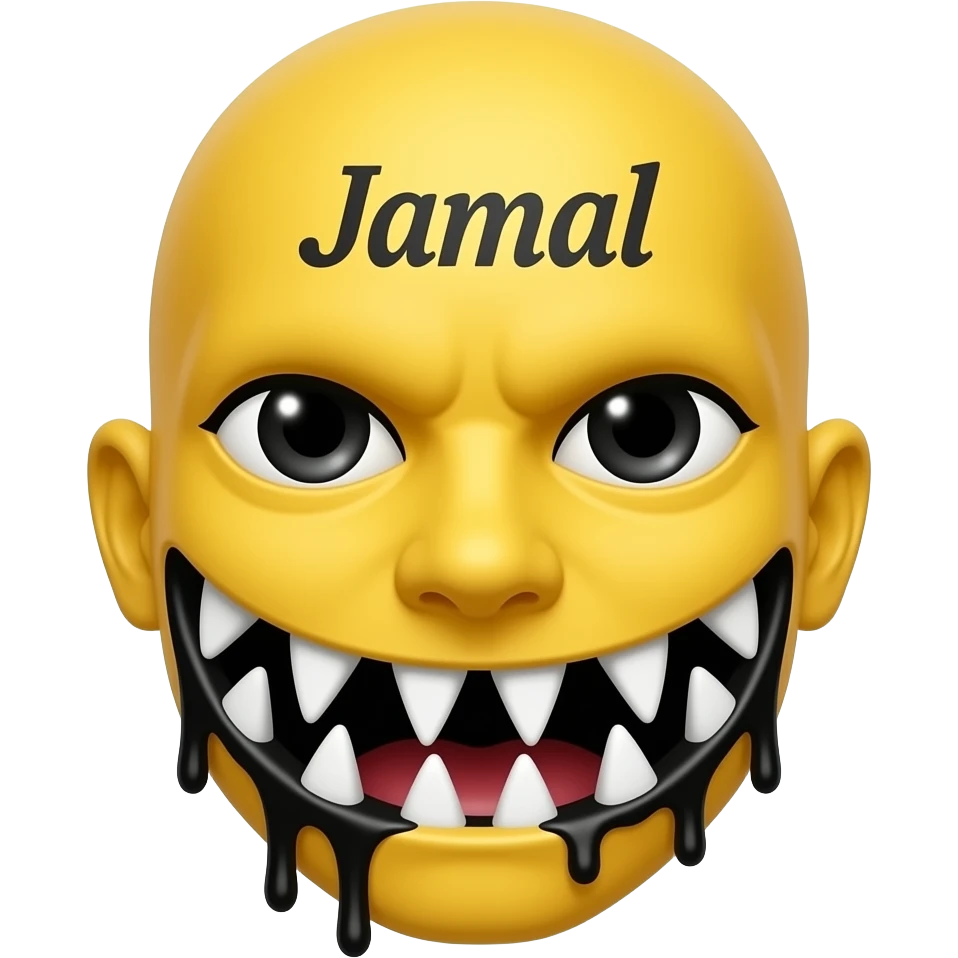 A noramal yellow emoji with black beam eyes with a mouth that is sharp not looks like a vampire but looks like hugg wiggly teath or megaladon and black blood around the mouth and circle head with a scar on his mouth and the fore head says Jamal emoji