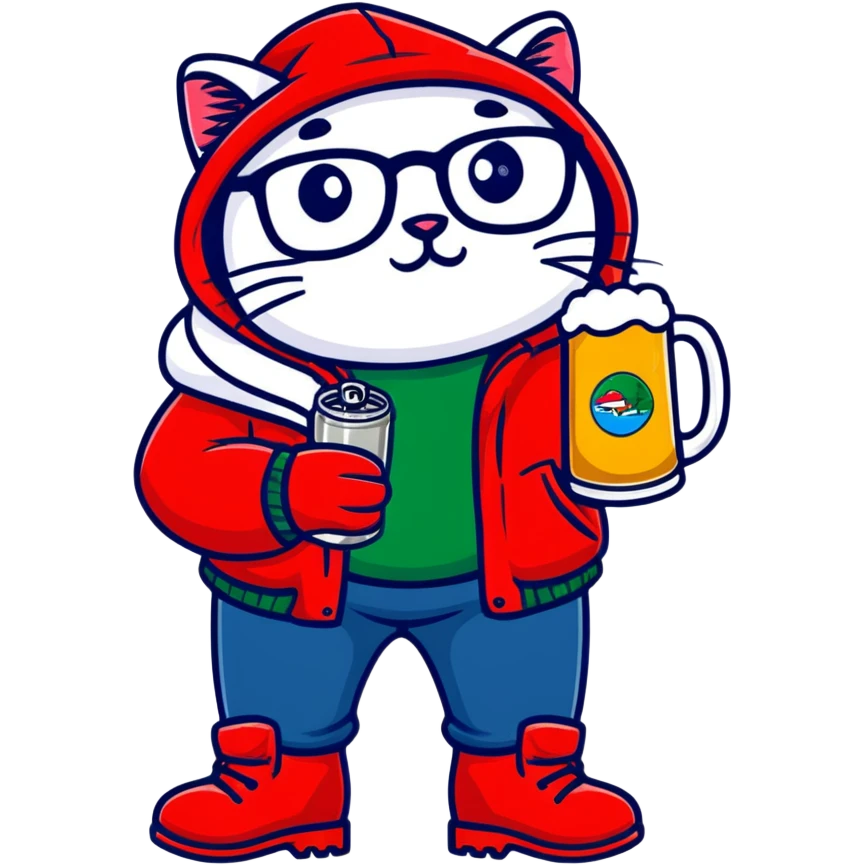 Catfish wearing a red hooded winter jacket, round glasses, blue jeans, red boots, holding a beer can with red label emoji