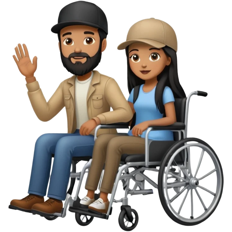 Tan skinned man with a beard and fitted cap in a wheelchair and a brown skinned woman with long black hair in a wheelchair emoji