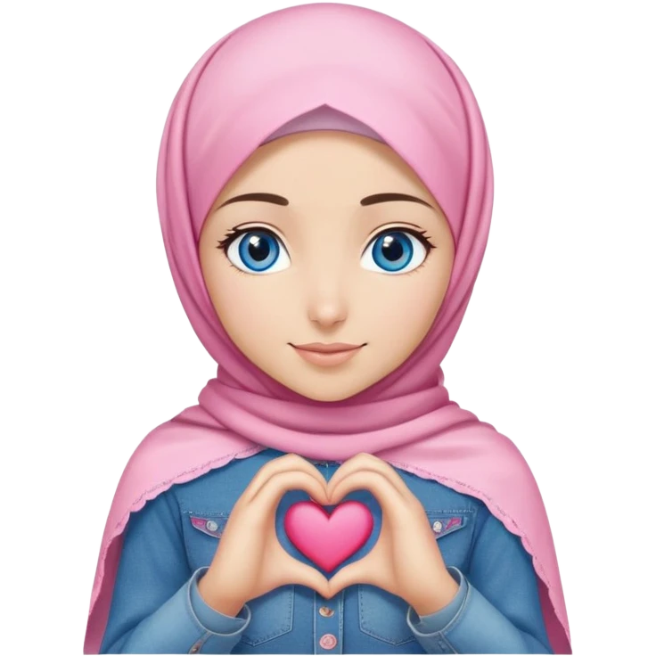 Turkish beautiful finish Konya girl blue eyes with denim and pink hijab islamic dress and making heart with hands and with thank you text emoji