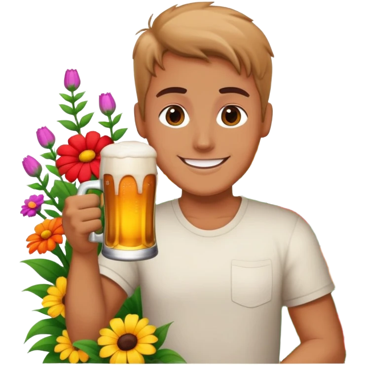 Happy with pile of flower infront and a beer emoji