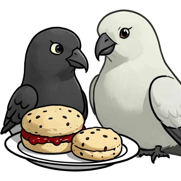 White dove sharing a scone with a black raven emoji