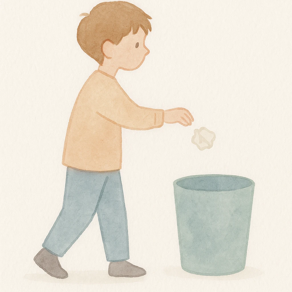 soft watercolor illustration in a minimalist modern style, a boy throwing paper into a trash bin, pastel colors, delicate linework, gentle whimsical mood, minimal soft shading emoji