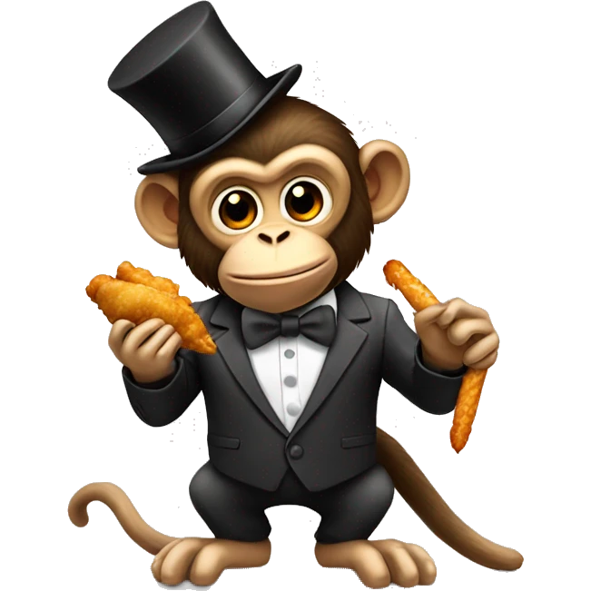 Monkey in a business suit with a top hat eating chicken drumstick emoji
