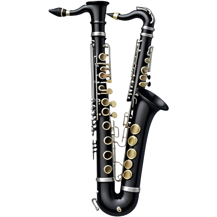 Create a sleek and professional emoji representing a black standard clarinet. The design should feature a smooth, glossy black body of the clarinet with shiny, silver keys clearly visible. Highlight the intricate details of the mouthpiece and reed at the top, while the body of the instrument should remain simple and elegant. Add subtle musical notes or soundwaves floating around the instrument to symbolize its clear, melodic sound. Use black for the body, silver for the keys, and soft lighting effects to give the instrument a polished, sophisticated look. The background should be transparent. emoji