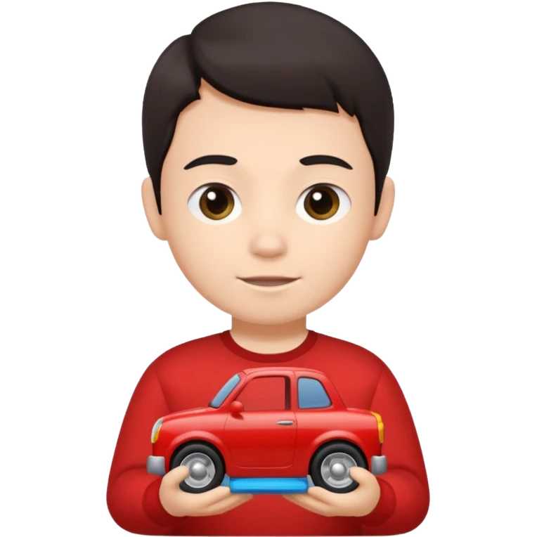 dark haired red wearing kid with toy emoji