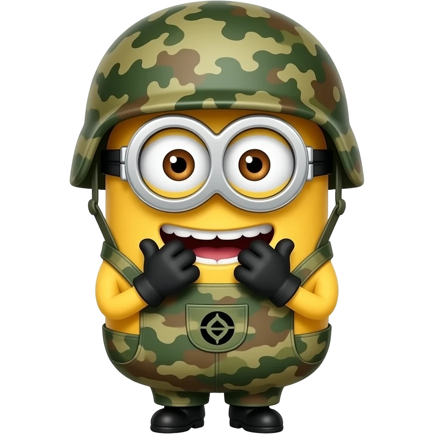 Minion in army uniform  aOT on helmet giggling with hands to mouth text above Khi Khi Khi emoji