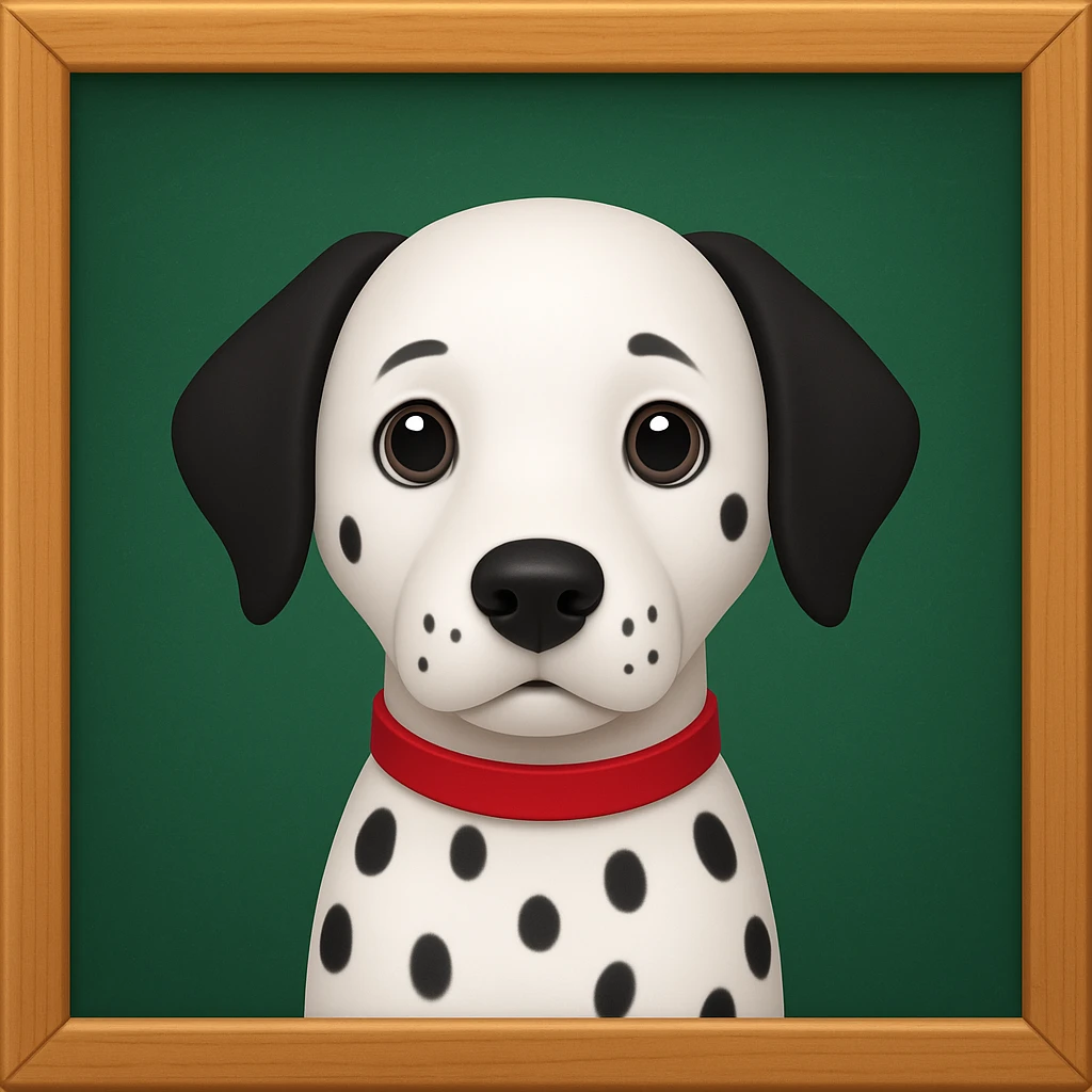 Dalmatian in front of a green school board in a wooden frame, iphone emoji style emoji