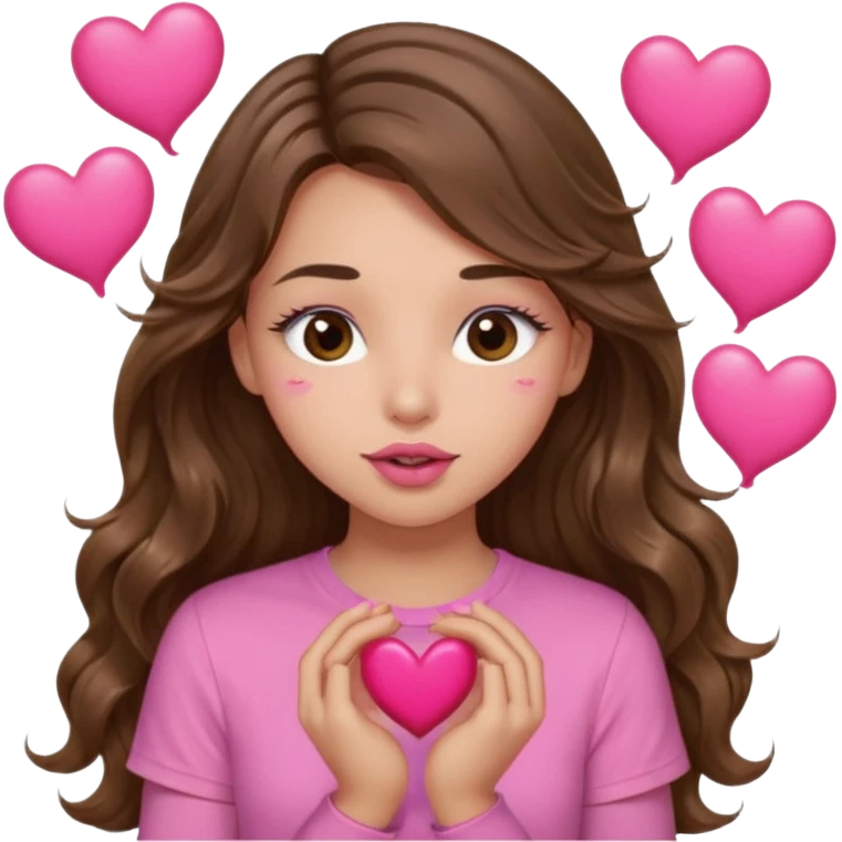girl with long wavy brown hair, brown eyes, light to medium complexion, in a pink shirt, pink lips, long lashes, puckering up for a kiss, many  hearts in hand emoji