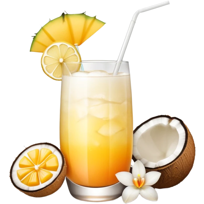 A beautiful cocktail with a creamy white to orange gradient, containing coconut juice and mango, reminiscent of summer. Above, there are tropical flowers, lemon slices, and straws. emoji