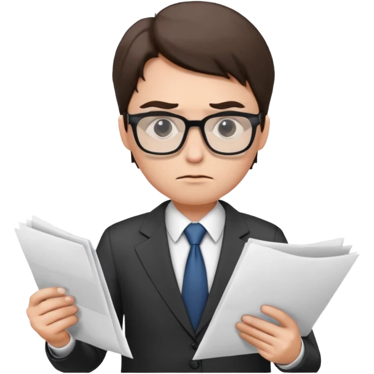 Frowns with Glasses, Office Boss: Business outfit, holding papers, frowning behind glasses, serious look
 emoji