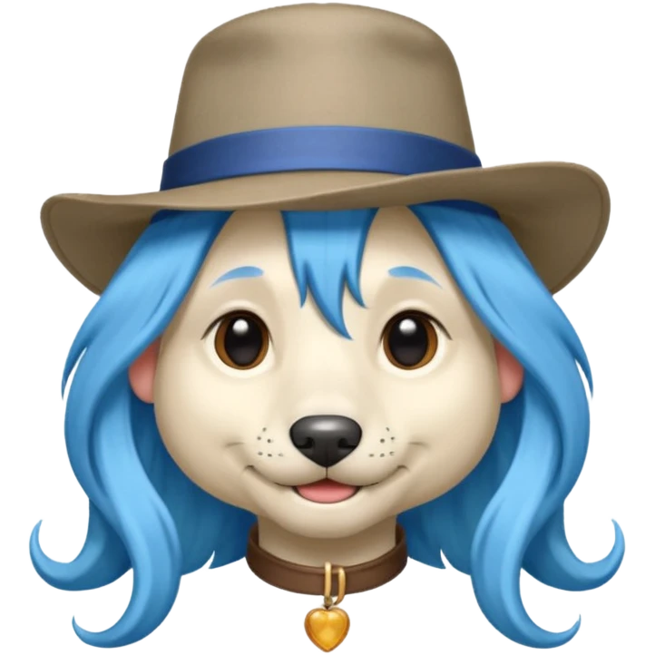 fancy dog with long blue hair, wearing hat emoji