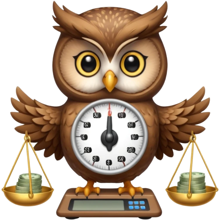 cute female mascot owl holding money scale with two sides emoji