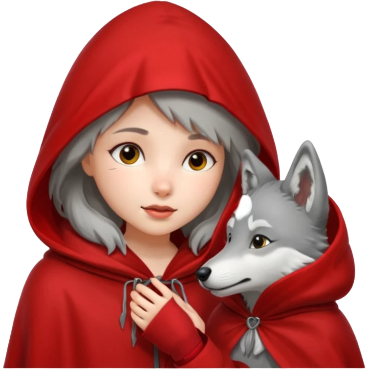 Niña del cuento de caperucita roja acariciando la cabeza de un lobo macho emoji