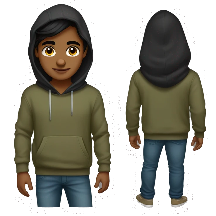 India boy middle parting black long hair dark hazel eyes hoodie with hood down olive skin emoji