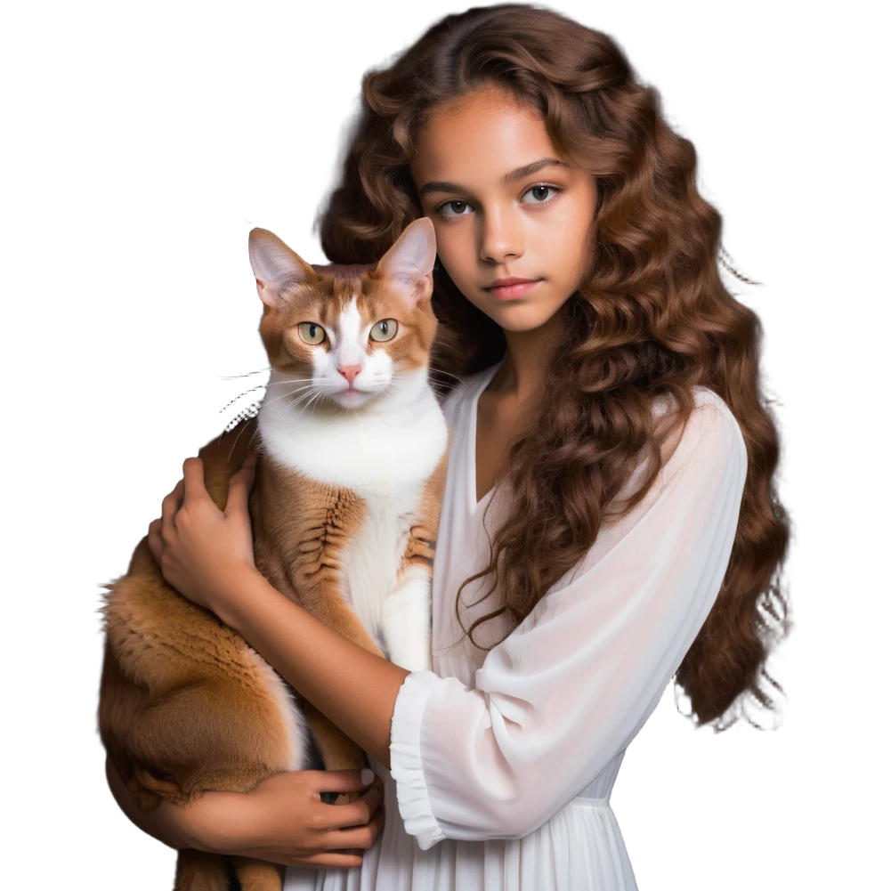 beautiful girl with curly long brown hair in a white dress cuddling an Abyssinian cat with reddish-brown fur emoji