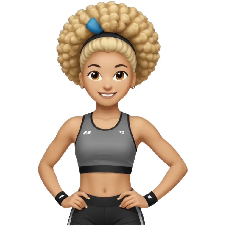 light-skinned Black girl in a dynamic athletic pose, half-blonde and half-dark brown afro puff hairstyle emoji