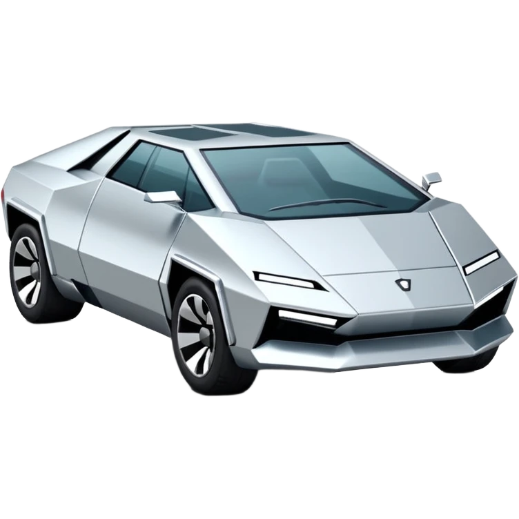 A futuristic chrome car emoji, sharp geometric body design inspired by cybertruck aesthetics, smooth silver metallic surface, matte and glossy chrome mix, minimal details, soft reflections, clean edges, iOS emoji style, centered, clean white background, soft studio lighting, no text emoji