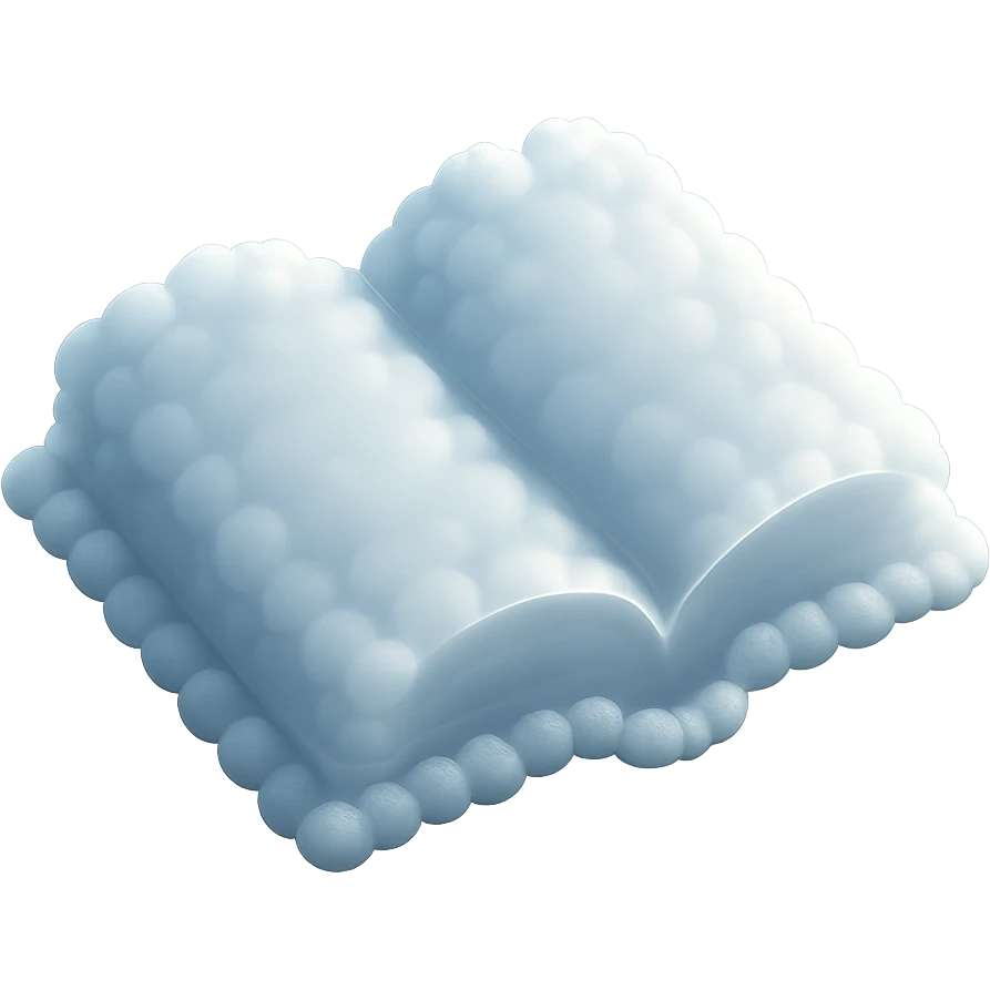top view of a thick open book made entirely of small, very bright white fluffy convex clouds, matte glass style emoji