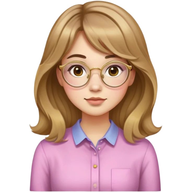 young adult woman with light skin, round face, prominent cheeks, medium plump body, long light brown hair with golden highlights, voluminous and wavy, long bangs over eyebrows, large octagonal glasses with thin golden or light pink frame, casual dark shirt emoji