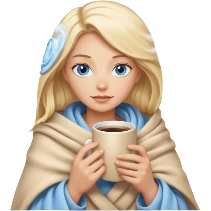 Blonde with blue eyes wrapped up in a cozy blanket with a hot coffee emoji