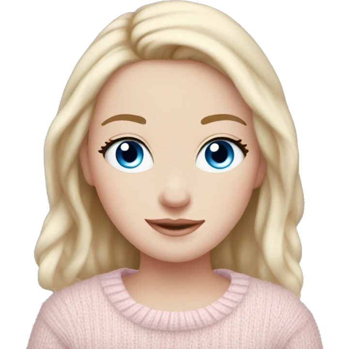 Pretty blue eyed white girl with light pink sweater reading cozy emoji