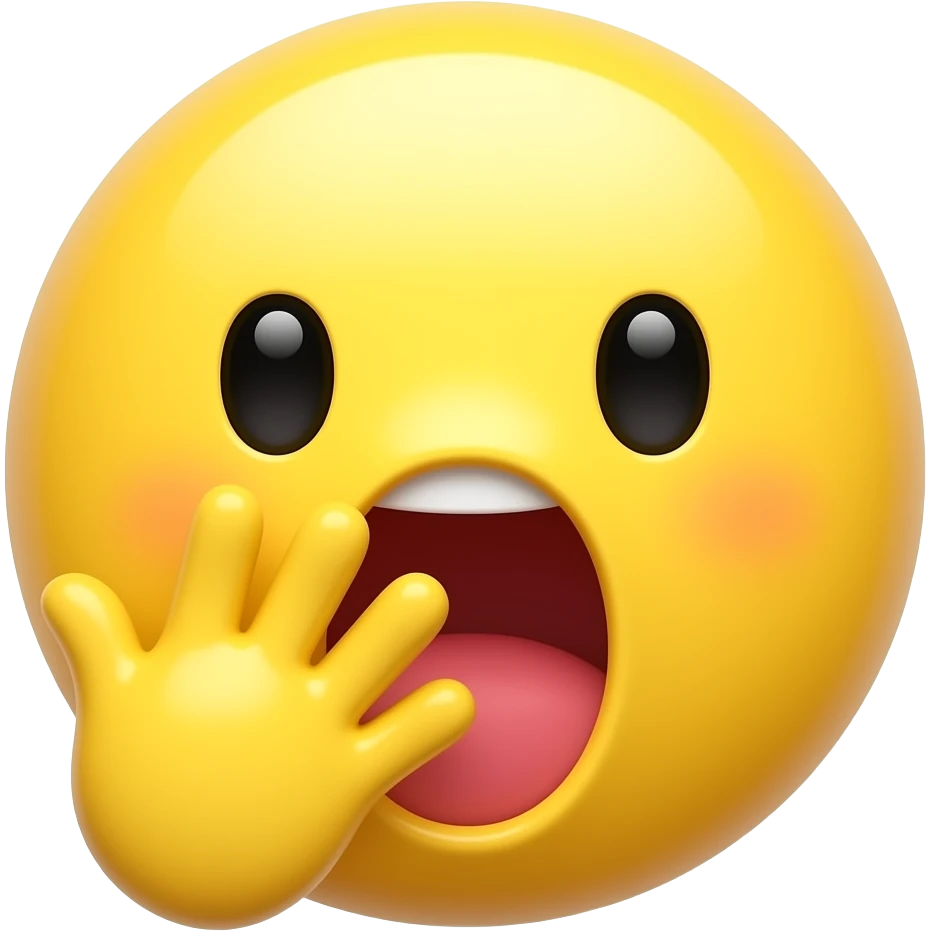 Kawaii style round yellow glossy yawning  with hand in front of mouth emoji