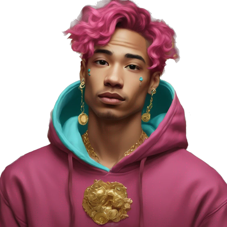 Vintage painting swirls gold jewellery baroque raven wings angel tropical Deep pink maroon burgundy cyan dark hoodie man vitiligo dyed hair gold piercings nose piercing ear piercings emoji