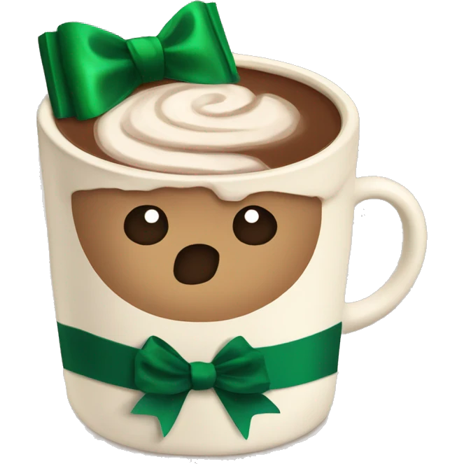 A beige cup of hot chocolate with a deep green bow around the cut  emoji
