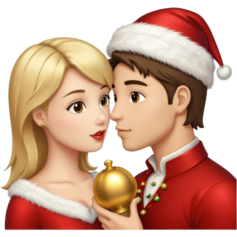 a handsome man and a pretty woman kiss Christmas bell emoji