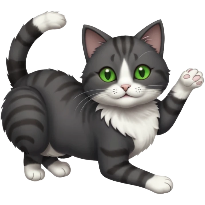 solid dark grey cat with green eyes, white toes/paws and white patch on her chest playfully rolling upside down emoji