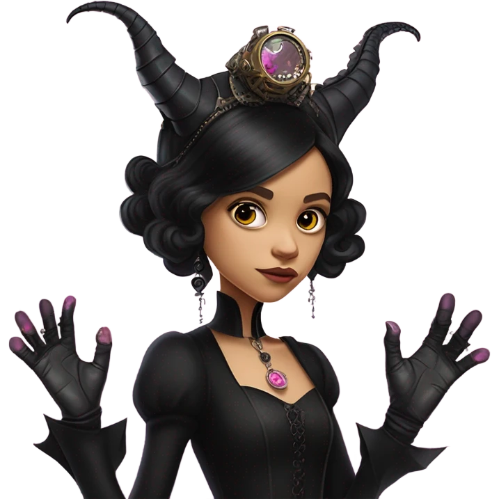 standing flirty Lavish black evening gown with see-through gloves, Jenna Ortega as Addams woman wearing a steampunk mini tiara, very large blood moon pink evil-looking horned old dragon emoji