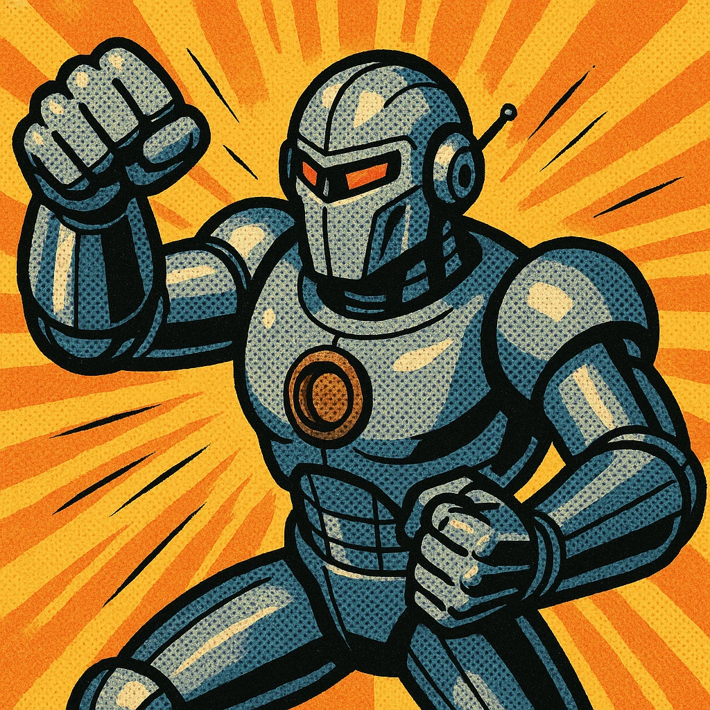 robotic hero, futuristic design, metallic finish, comic book style emoji